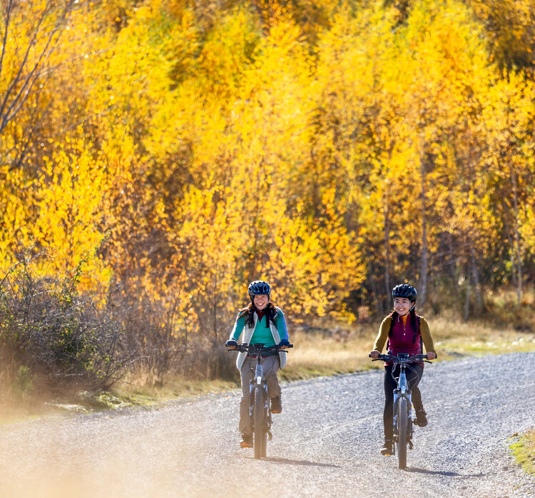 Two people riding bikes on a gravel road
